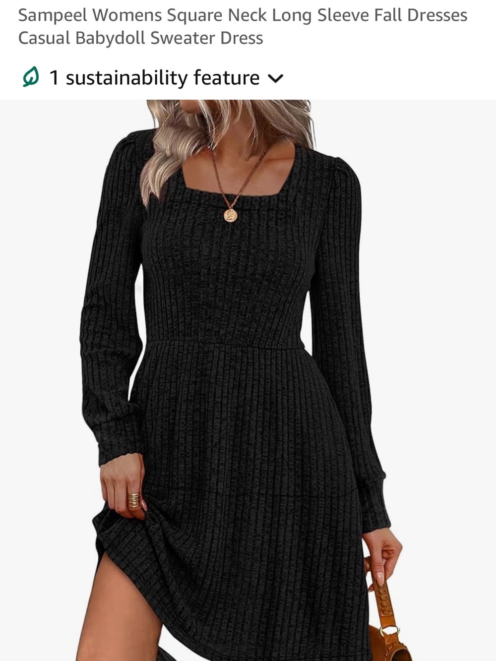 Square Neck Long Sleeve Knit Dress in Black
